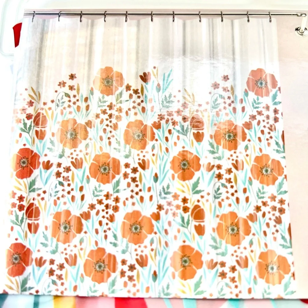 Faro Poppy Flower Garden Peva Shower Curtain Red Teal Golden Yellow Floral - Picture 10 of 10